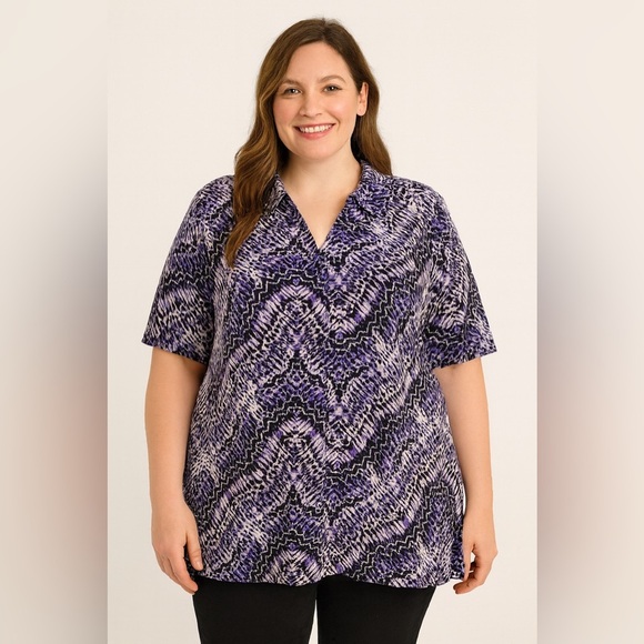 Catherines short sleeve button up purple wavy shirt size 2X 22/24W career casual - Picture 1 of 8